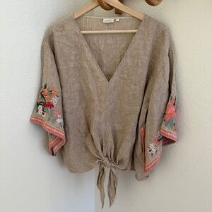 Spartina 449 embroidered linen wide sleeve top blouse flower embroidery size L